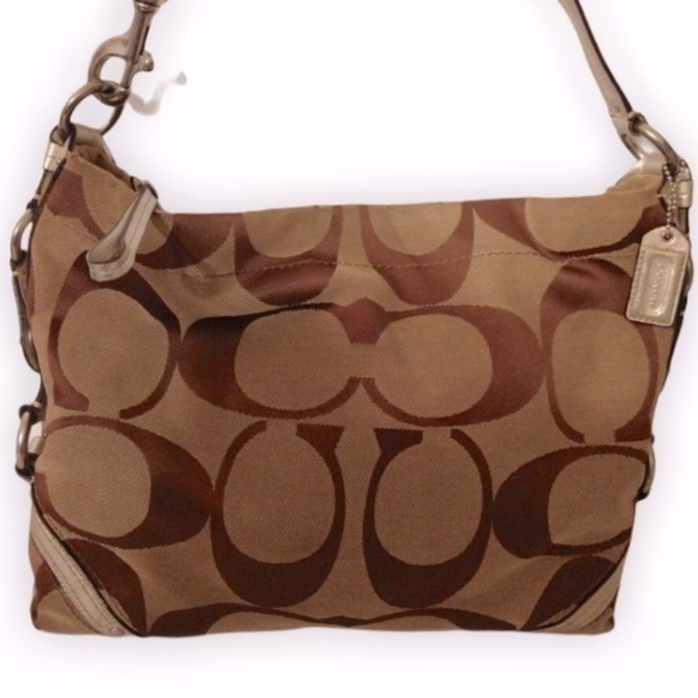 Coach brown dug c jacquard hobo bag metallic trim